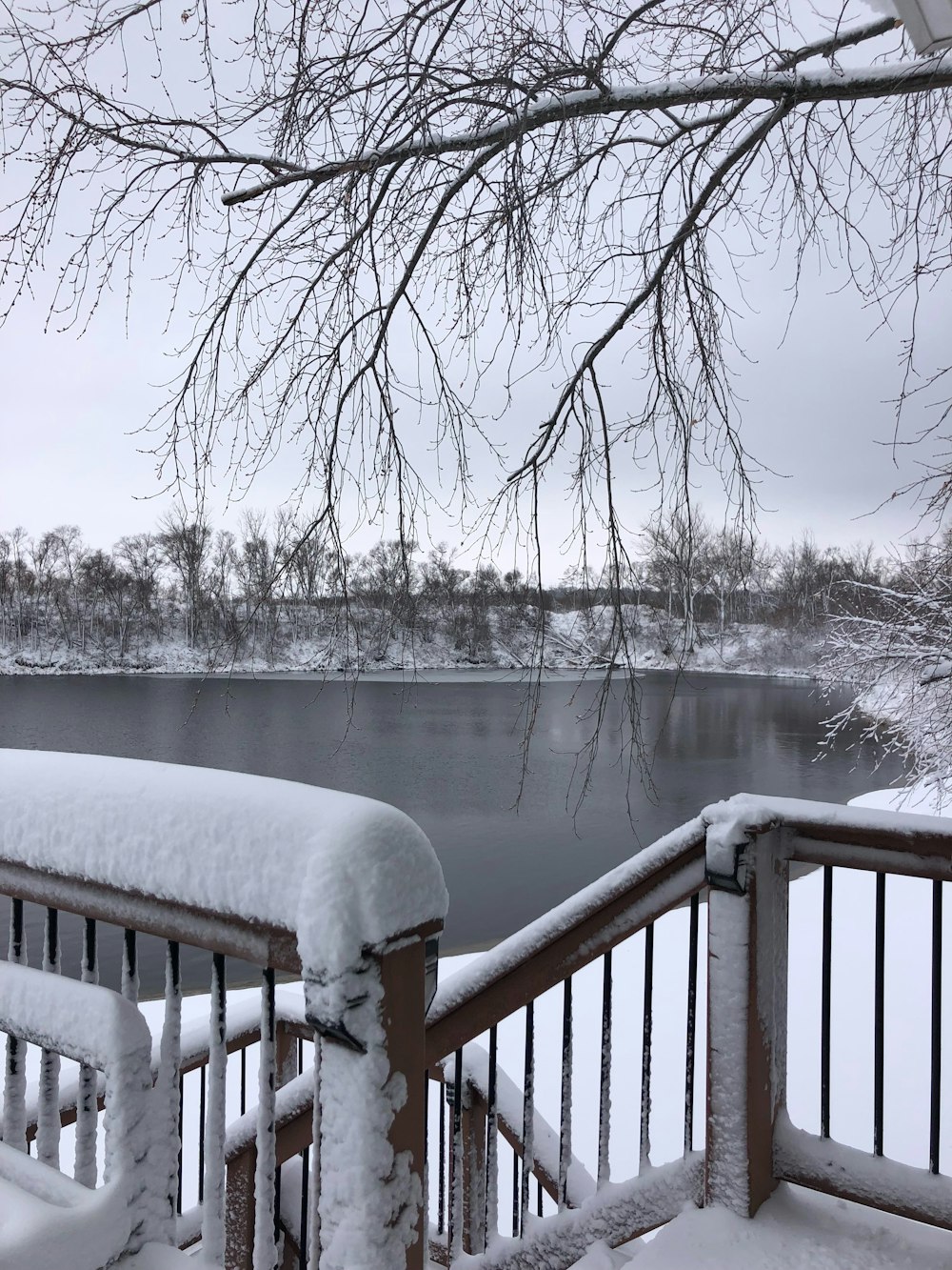 a snowy view of a lake from a deck