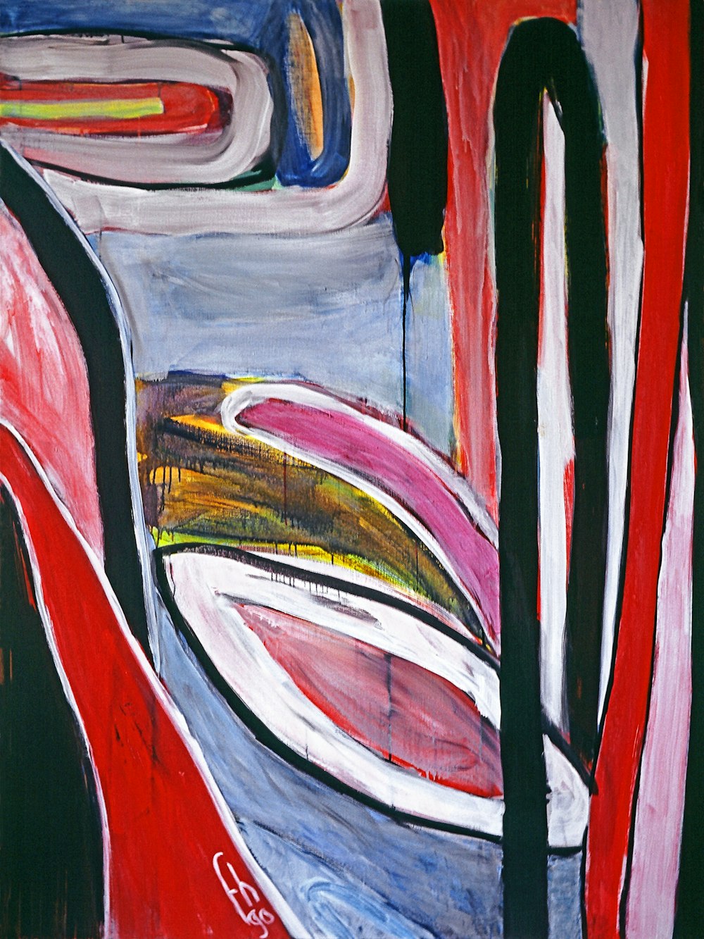 ein abstraktes Gemälde mit roten, weißen und blauen Farben