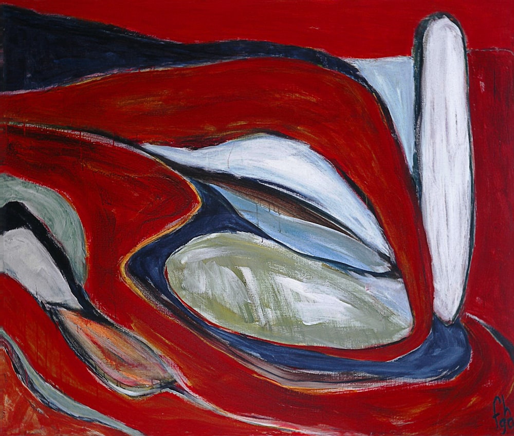 una pintura de diseño rojo, blanco y azul