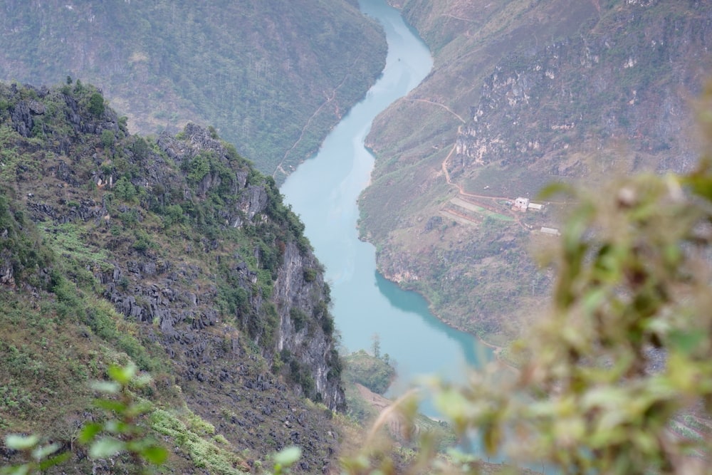 a river flowing through a lush green valley