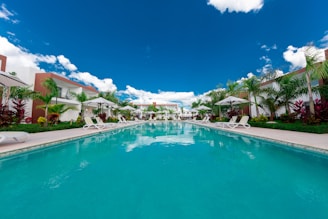 a large swimming pool surrounded by palm trees