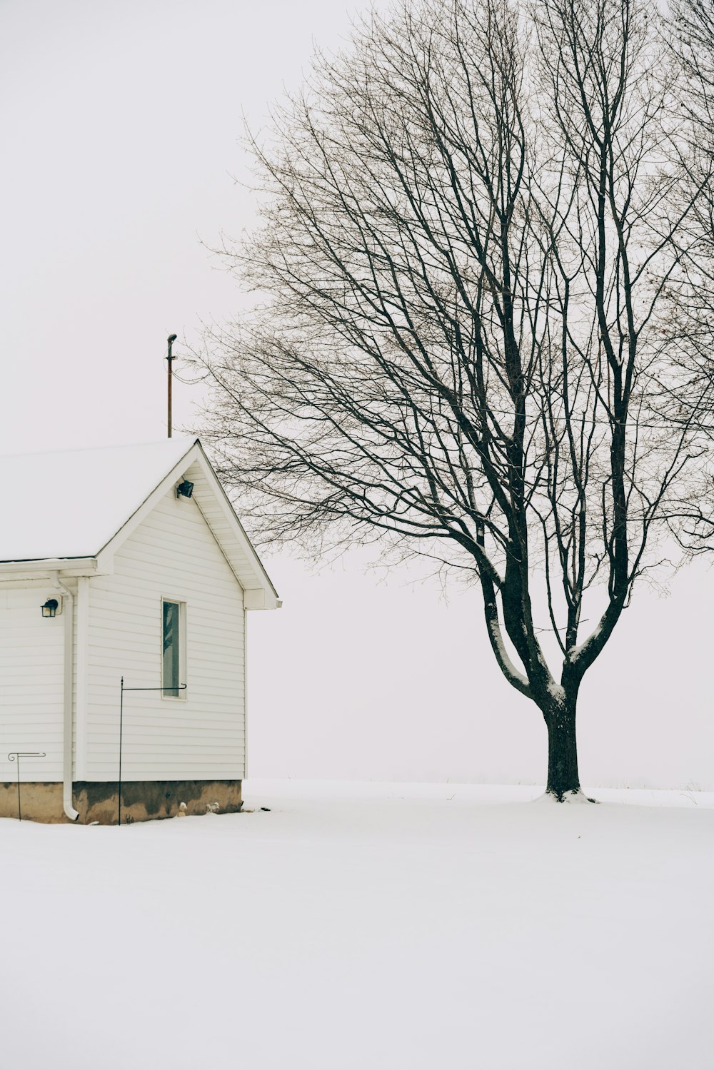 a small white church with a tree in front of it