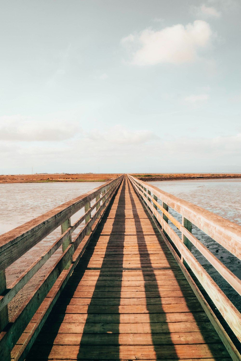 a long wooden pier stretches out into the water