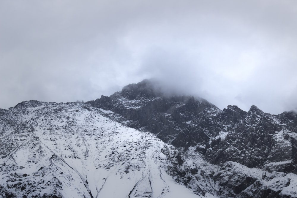 a mountain covered in snow and clouds on a cloudy day