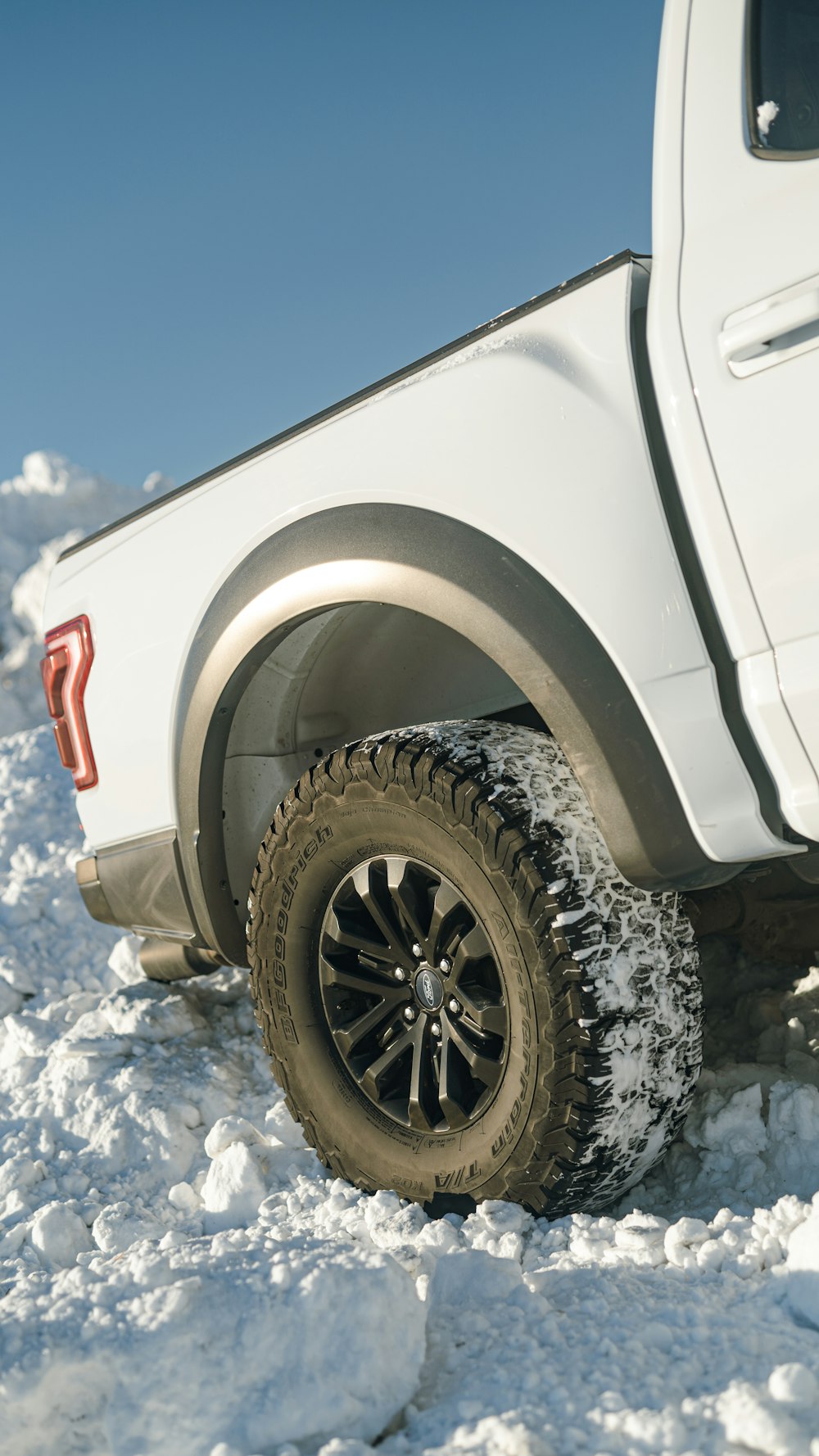 a white truck is parked in the snow