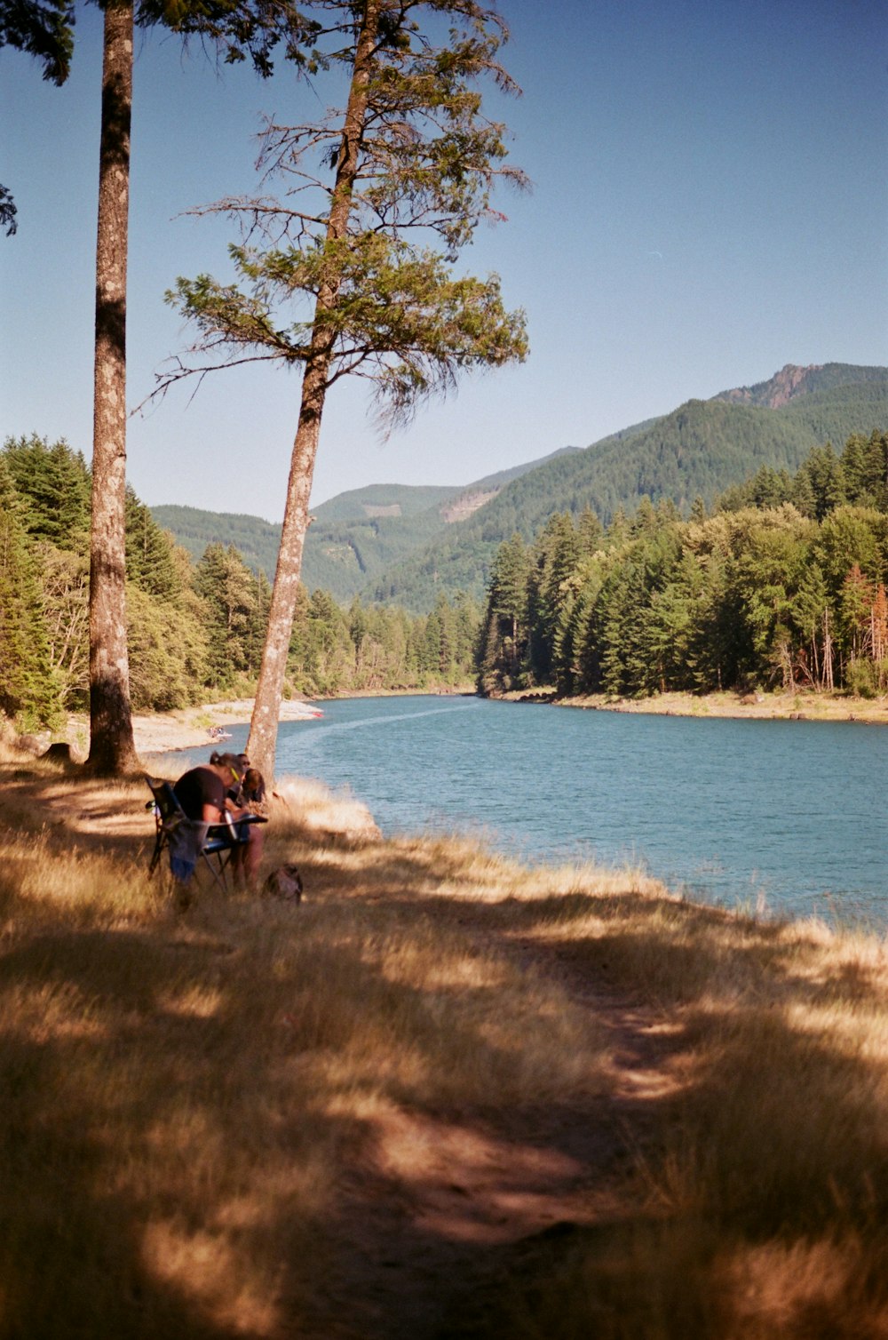 a man sitting on a bench next to a lake