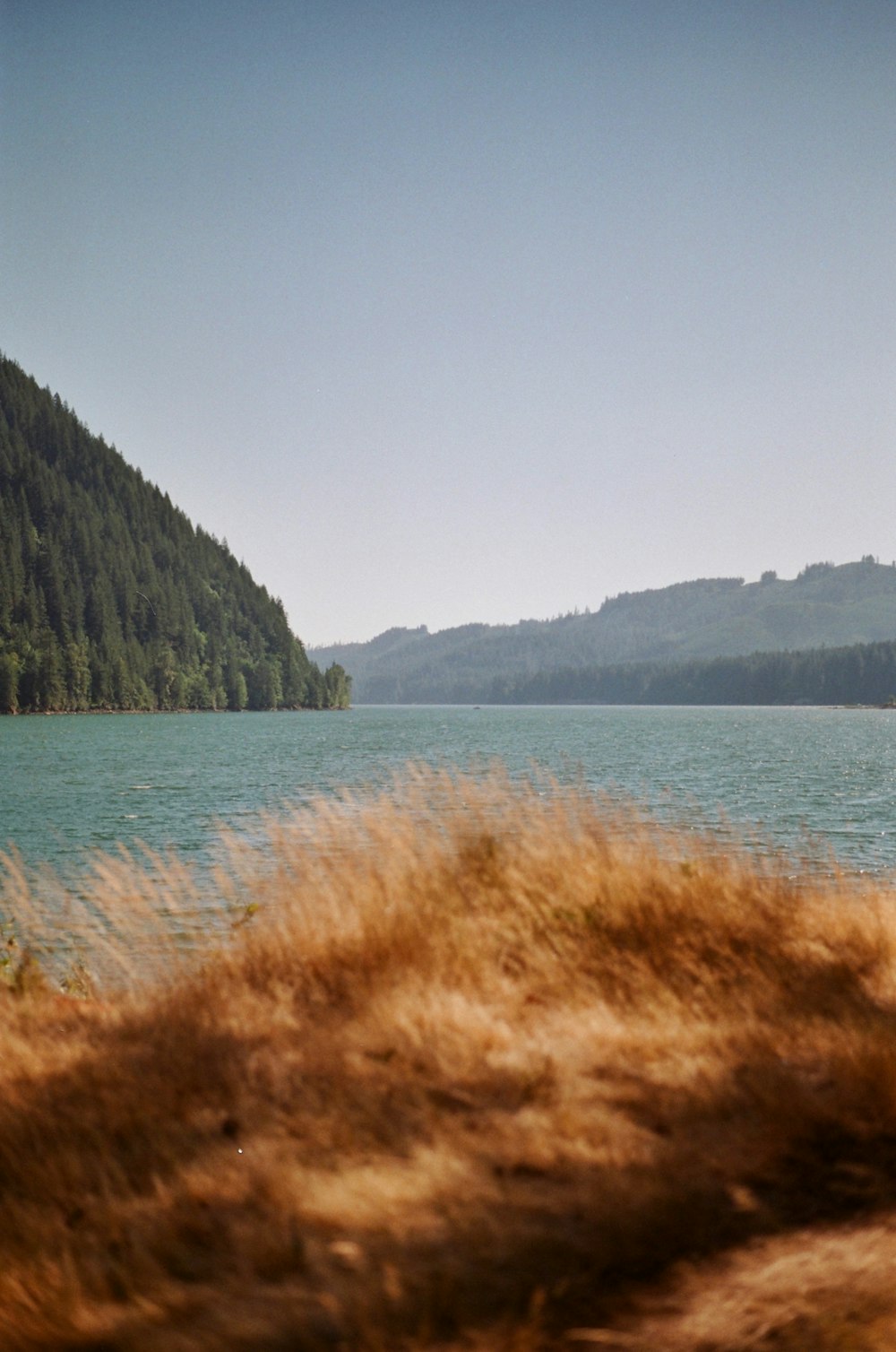 a body of water with a mountain in the background