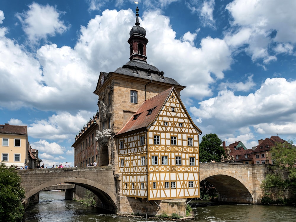 a building with a bridge in front of it