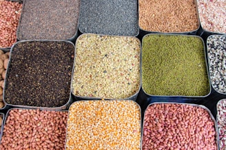 a variety of beans and cereals in trays