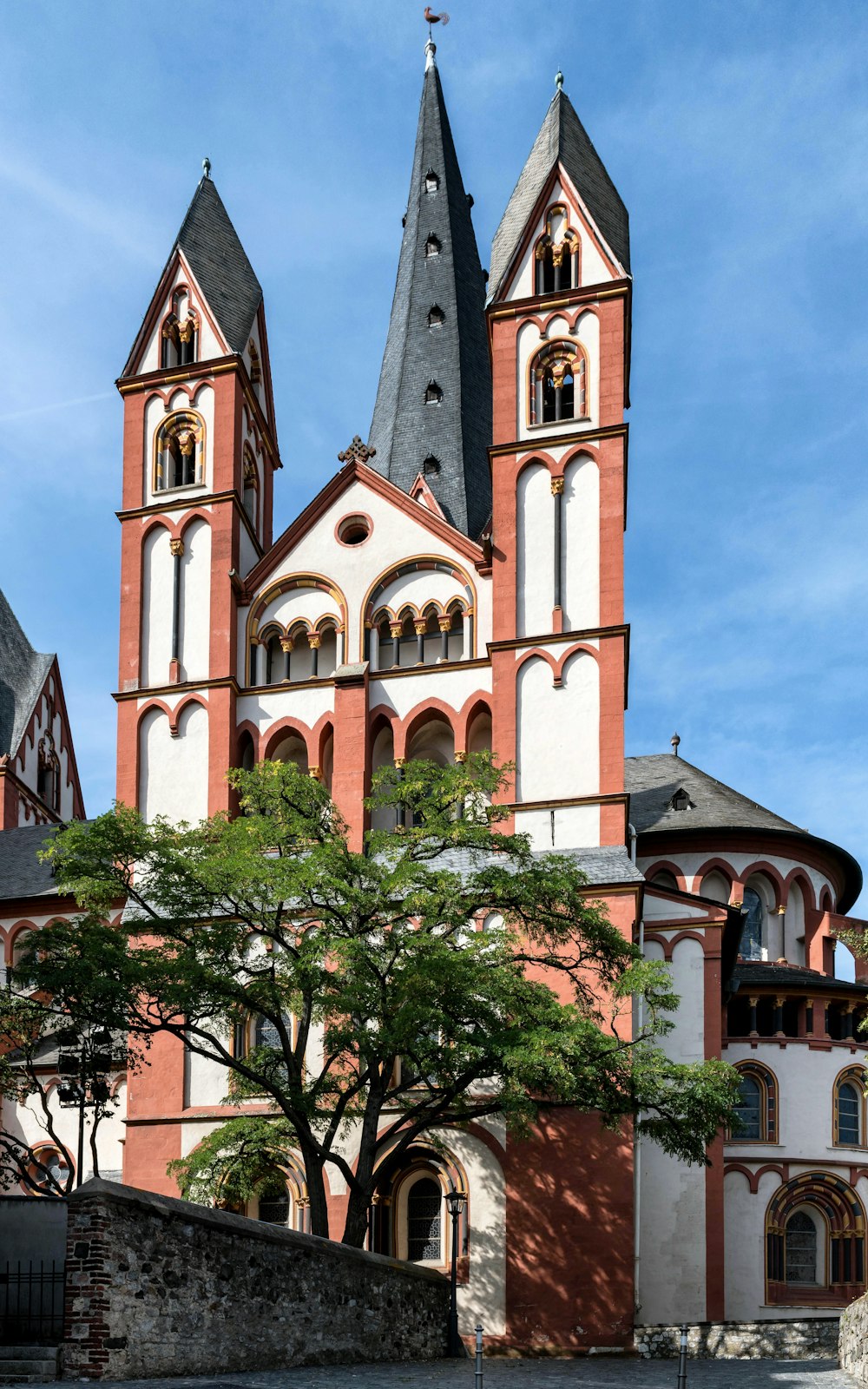 a large building with two towers and a tree in front of it