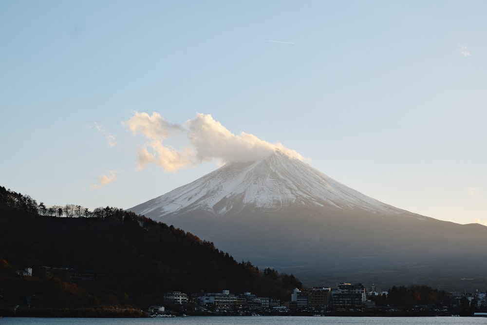 a snow covered mountain rising above a lake