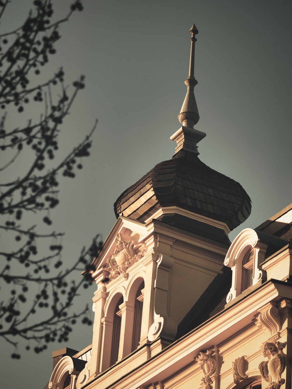 a building with a steeple and a tree in the foreground