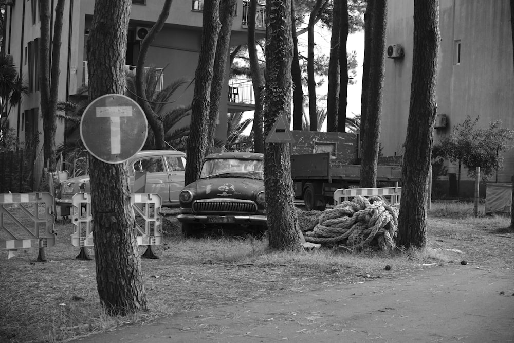 a black and white photo of a truck parked in the woods