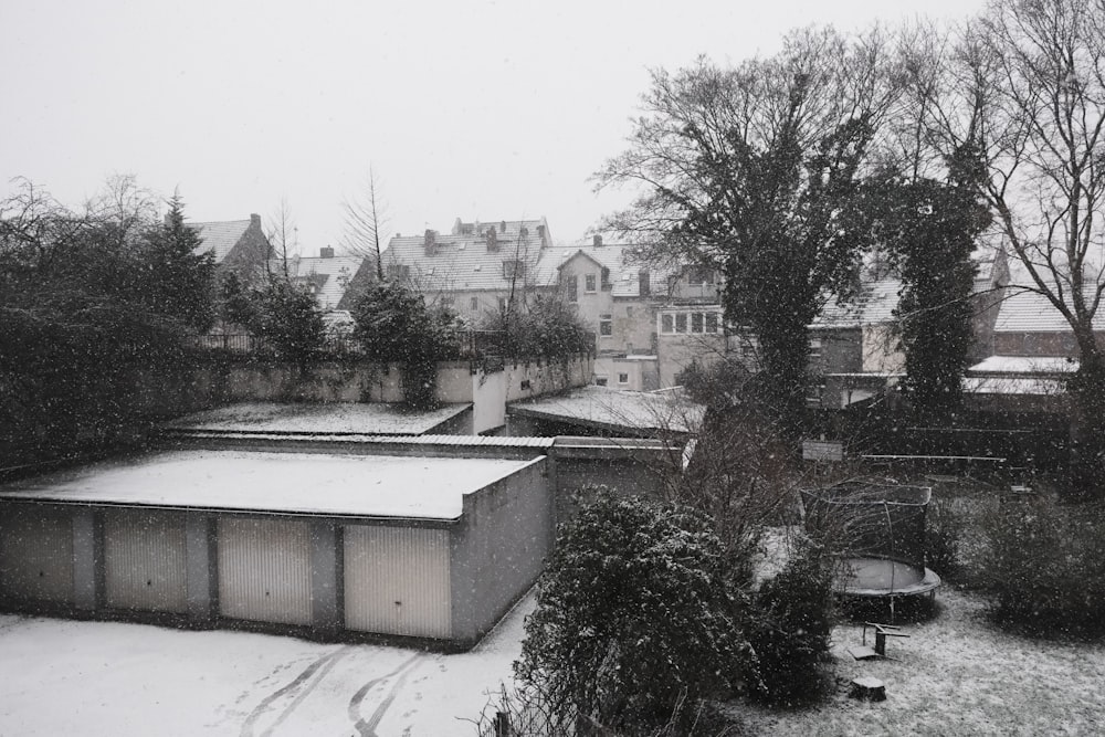 a view of a snow covered city from a window