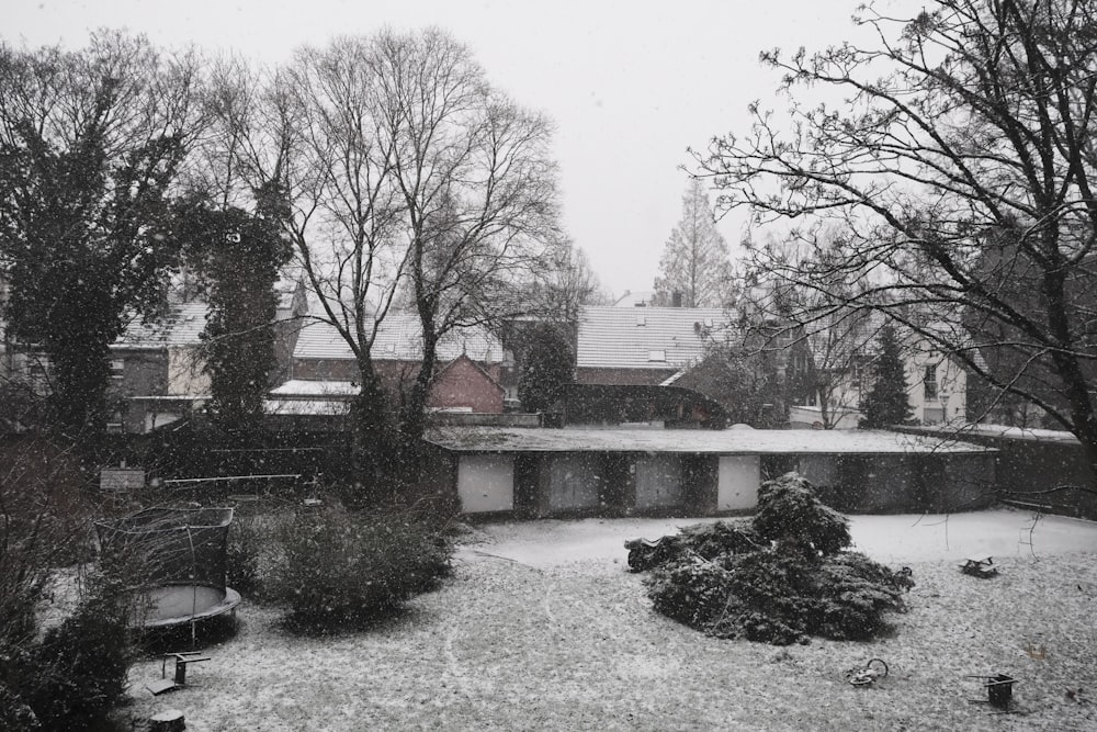 a snow covered yard with trees and buildings in the background