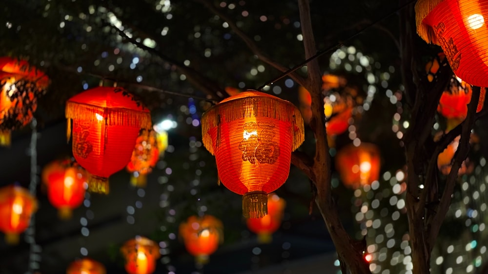 a bunch of red lanterns hanging from a tree