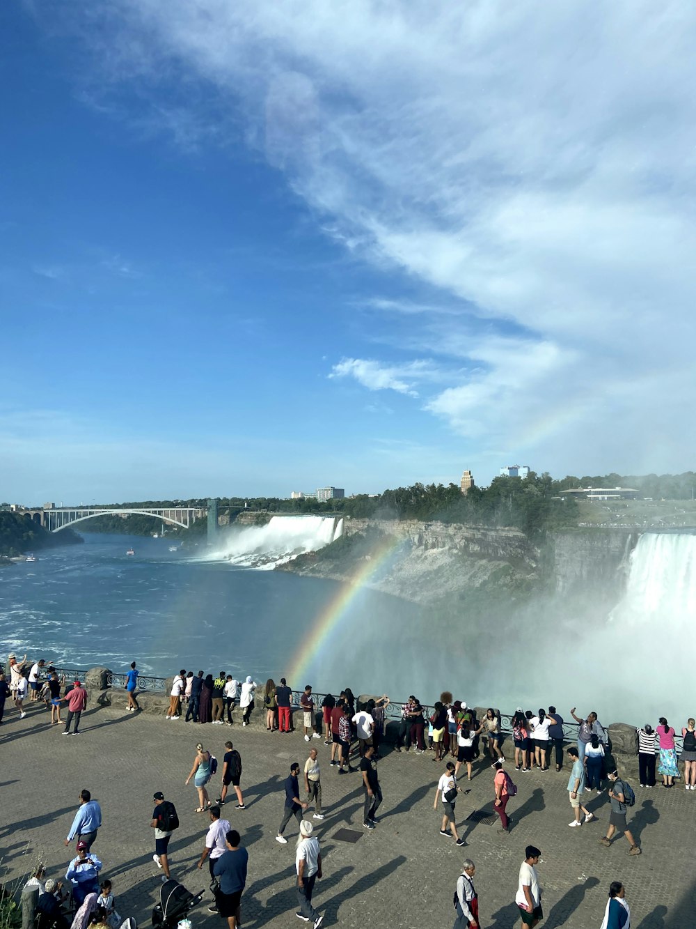 a group of people standing in front of a waterfall