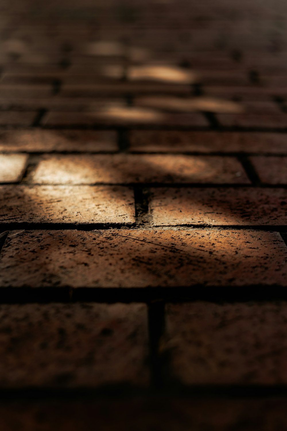 a close up of a brick sidewalk with a light shining on it