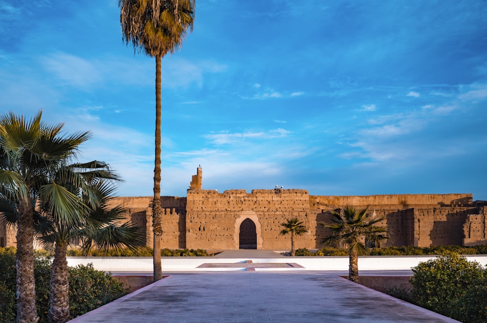 a large building with palm trees in front of it