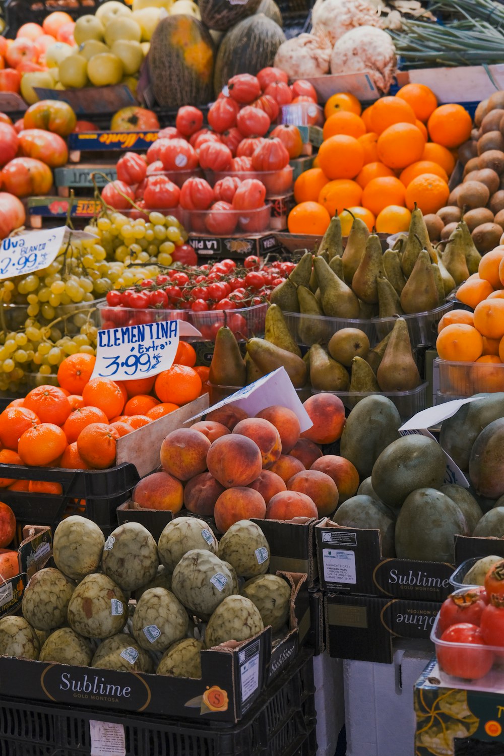 un présentoir dans une épicerie remplie de fruits et légumes