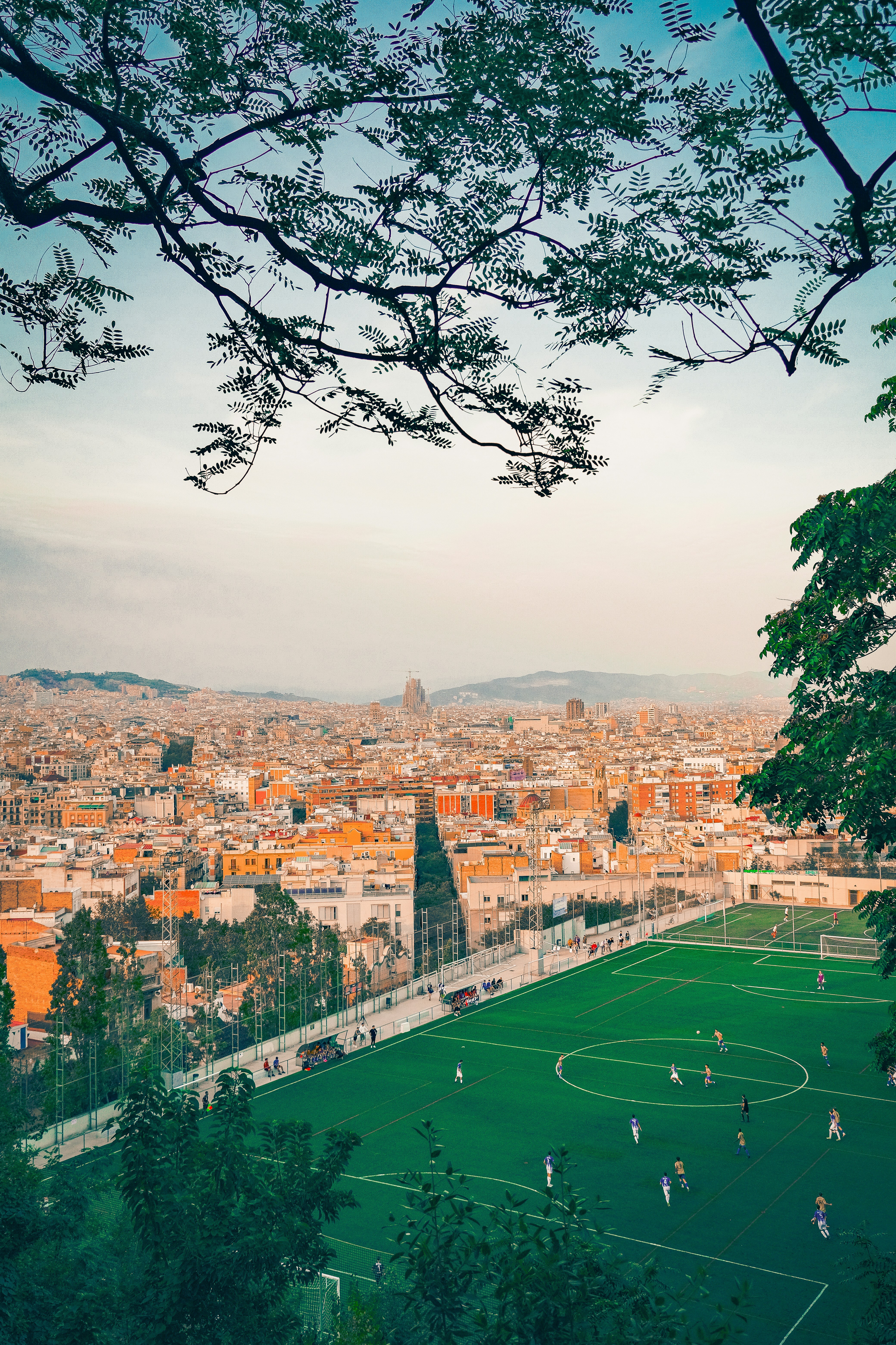 ein Fußballplatz mit Blick auf eine Stadt
