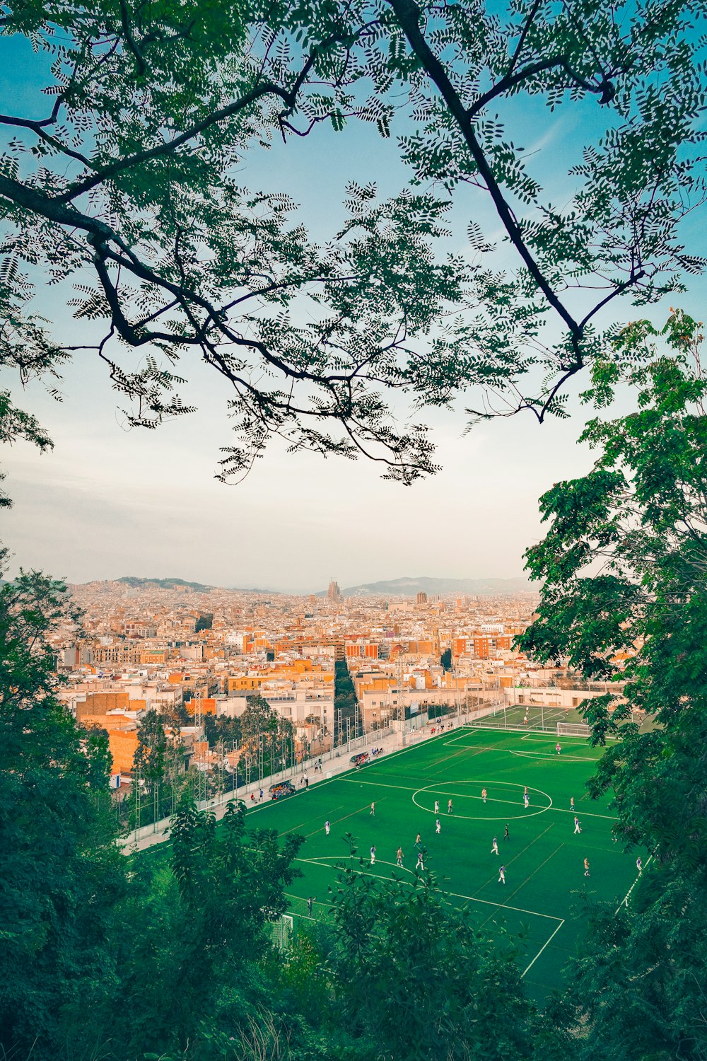 a soccer field in the middle of a city