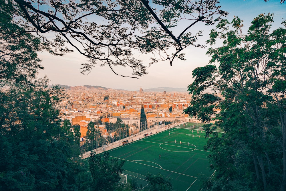 a soccer field in the middle of a city