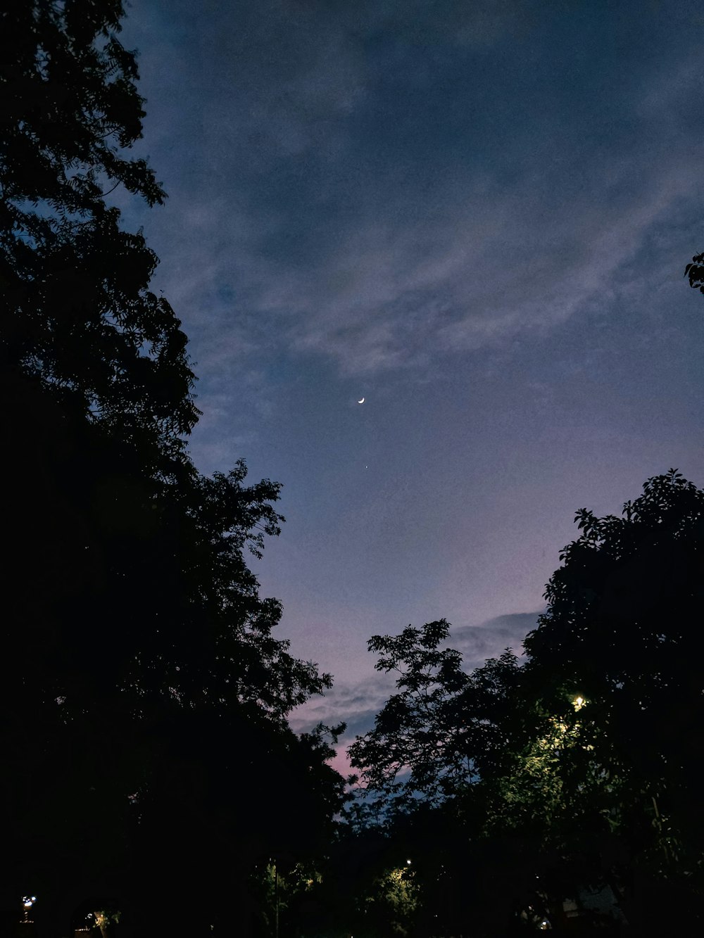 a dark sky with a few clouds and some trees