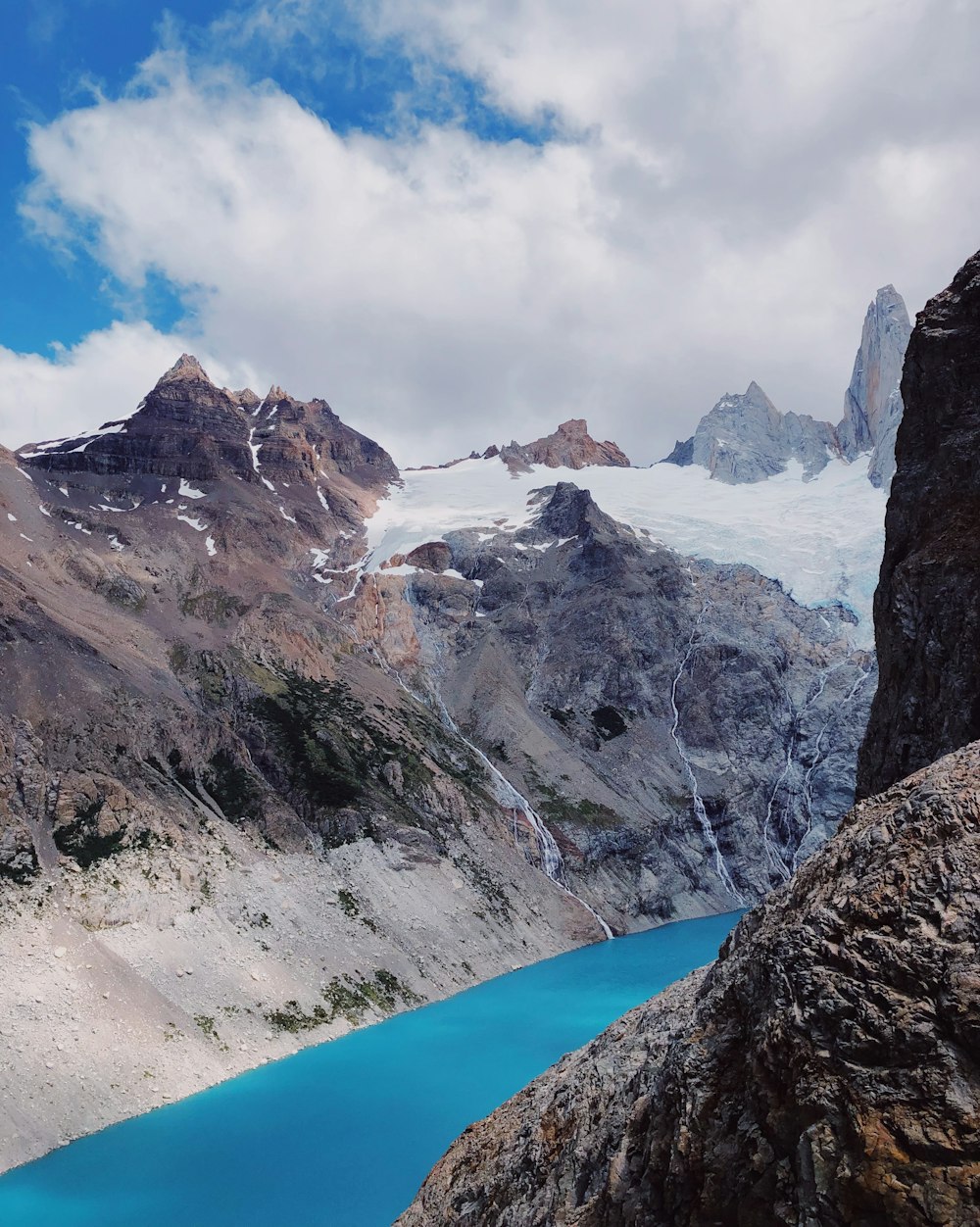 a blue lake surrounded by mountains under a cloudy sky