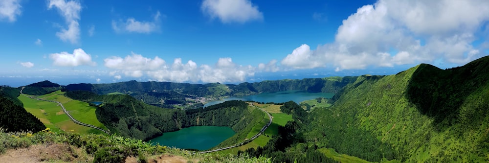 a scenic view of a lake surrounded by mountains