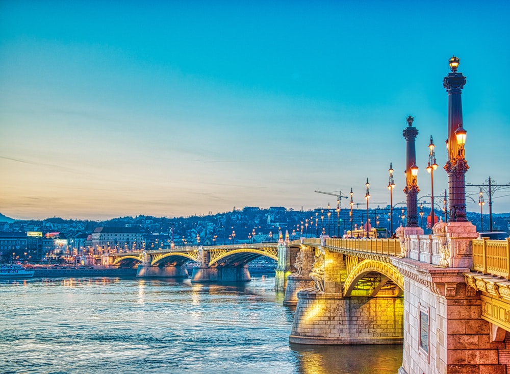 a bridge over a body of water with a city in the background