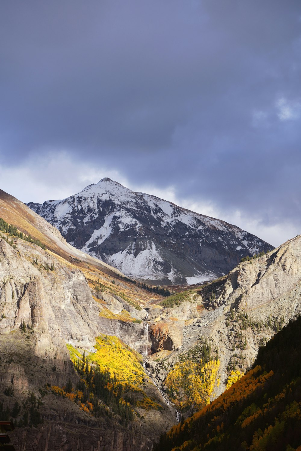 a view of a mountain range with yellow trees in the foreground