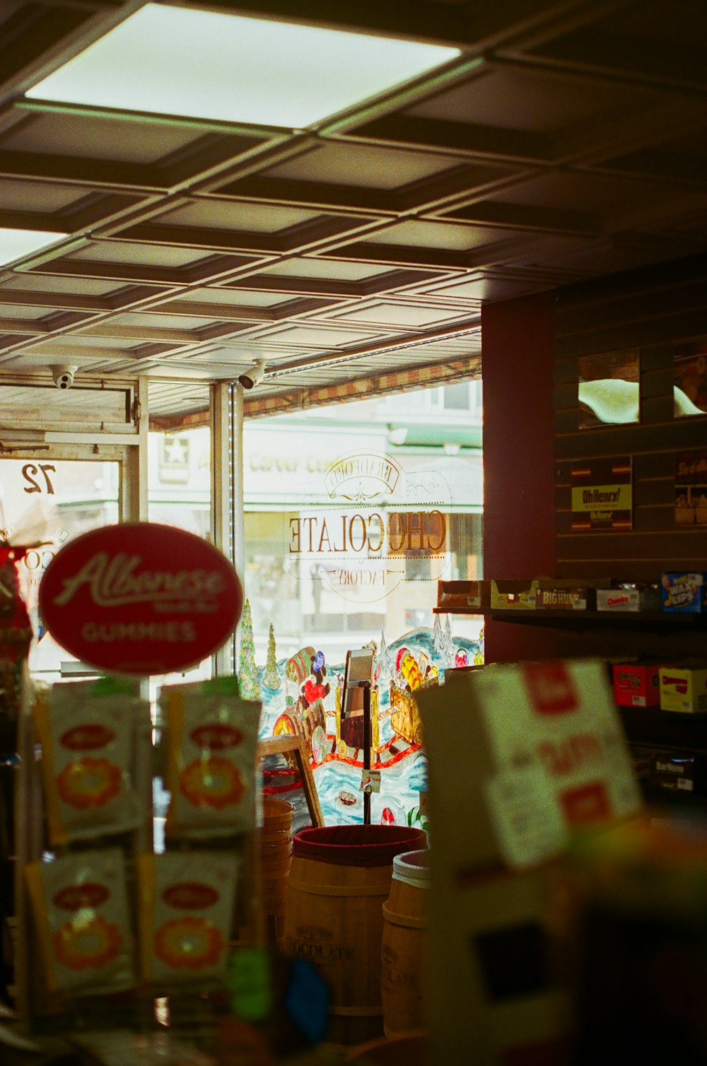 a store filled with lots of food and a red frisbee