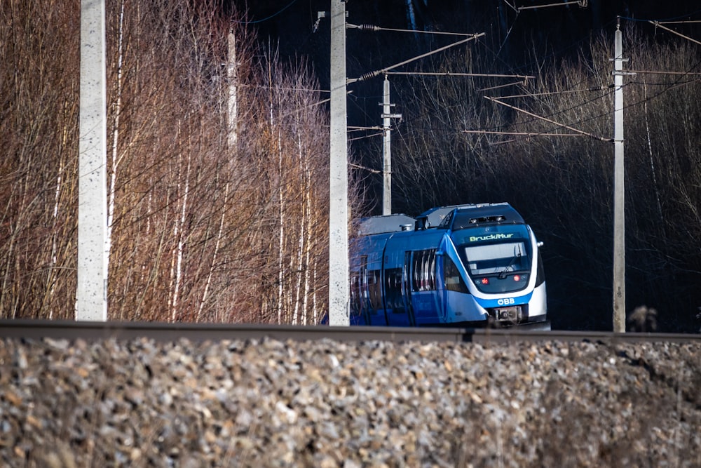 a blue train traveling down train tracks next to tall trees