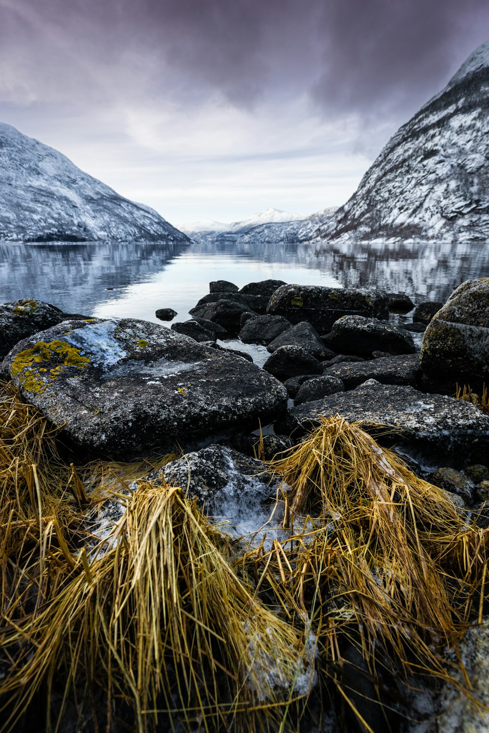 a body of water surrounded by snow covered mountains