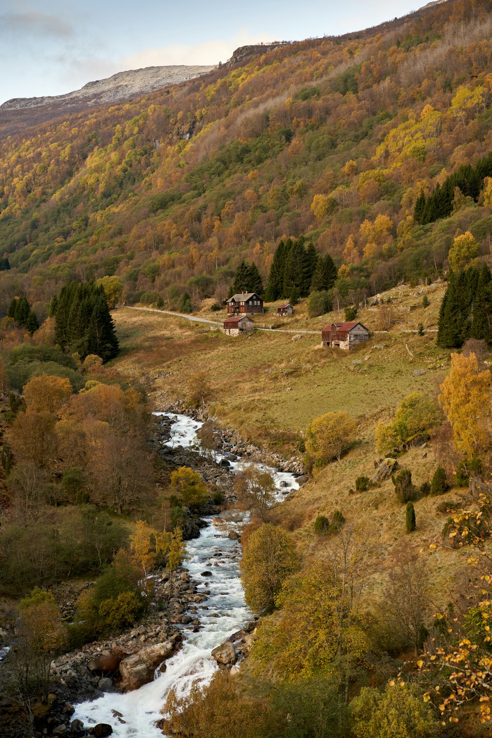 a river running through a lush green hillside