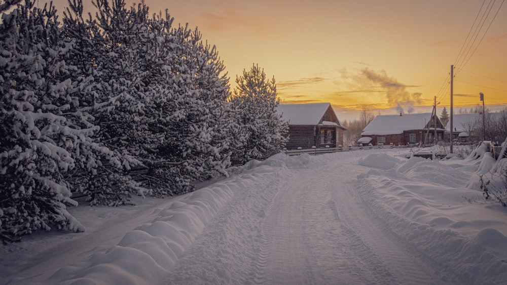 a snow covered road with houses in the background