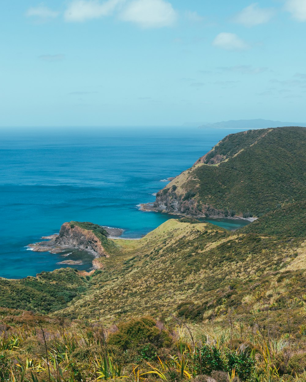 a view of the ocean from the top of a hill