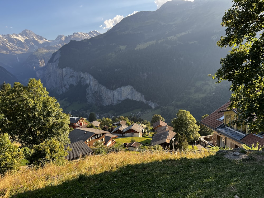 a view of a village in a valley with mountains in the background