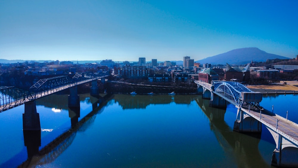 a bridge over a body of water with a city in the background