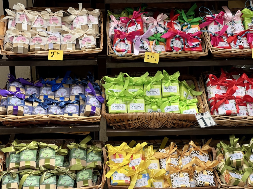 a display in a store filled with lots of baskets