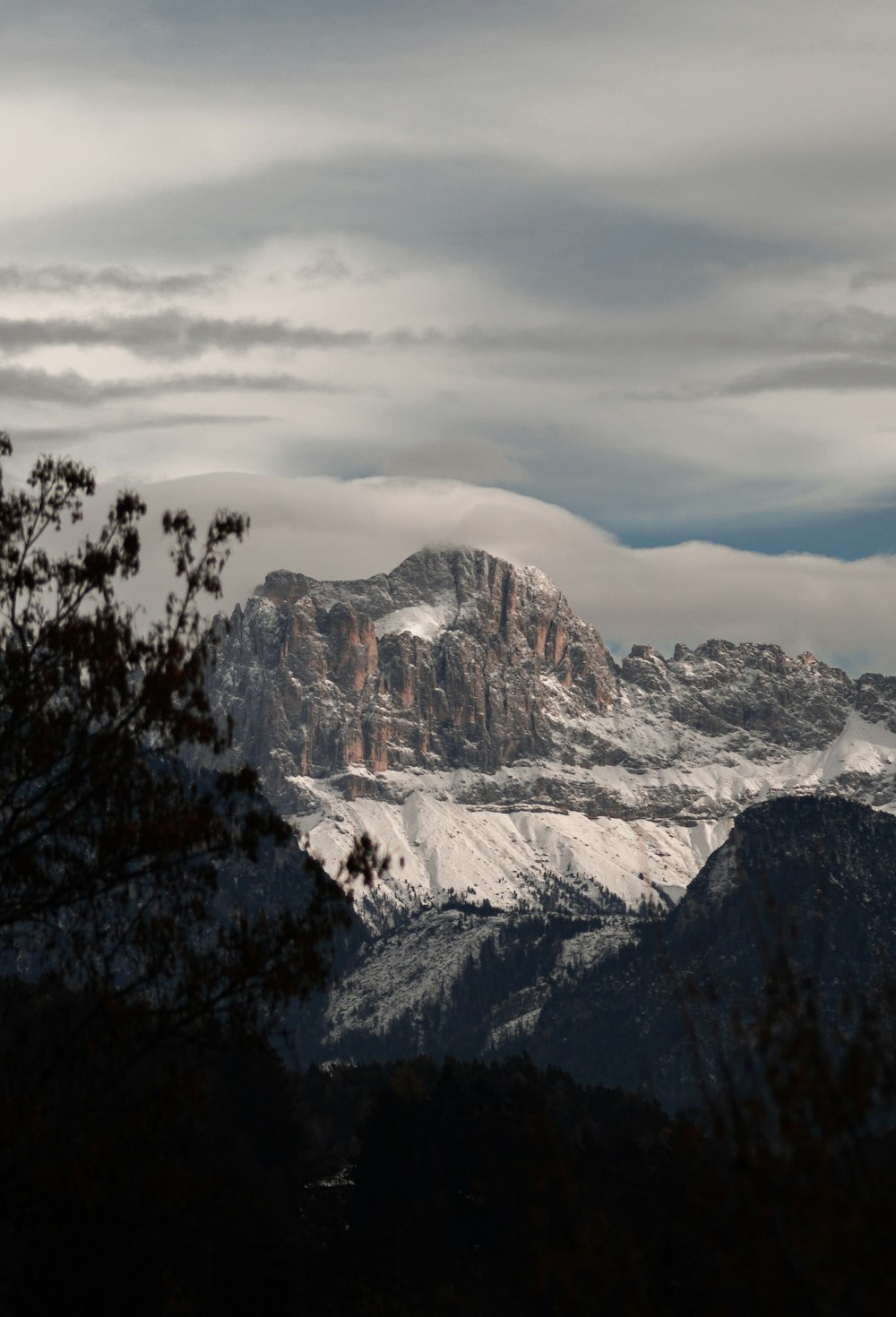 a snow covered mountain is seen through the trees