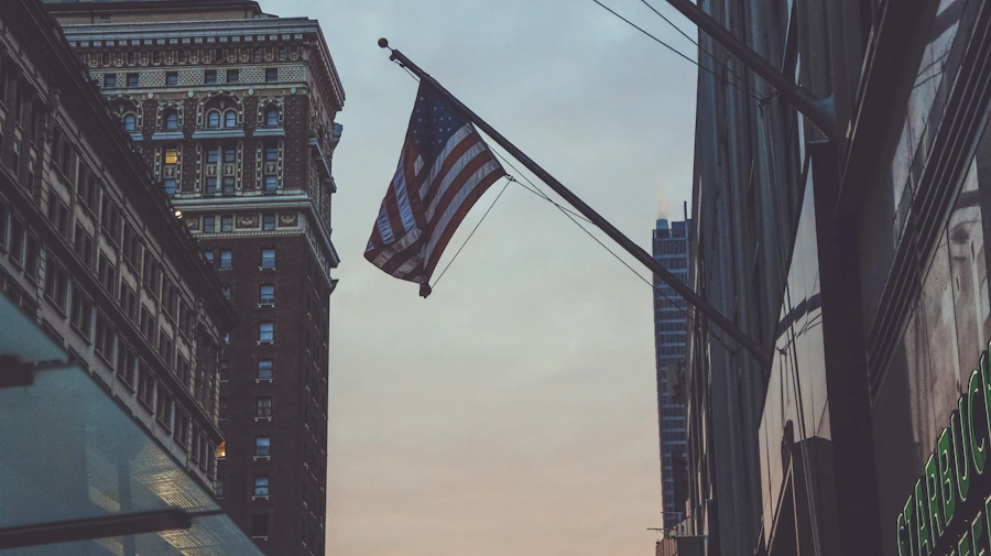 American flag in an urban center