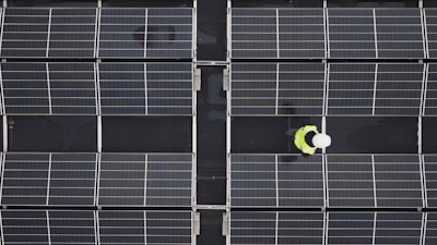a person standing in front of a large array of solar panels