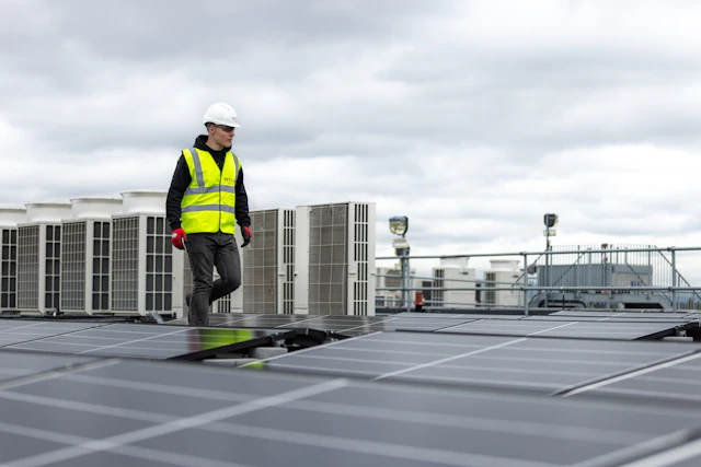 Technicien inspectant des équipements CVC connectés en toiture