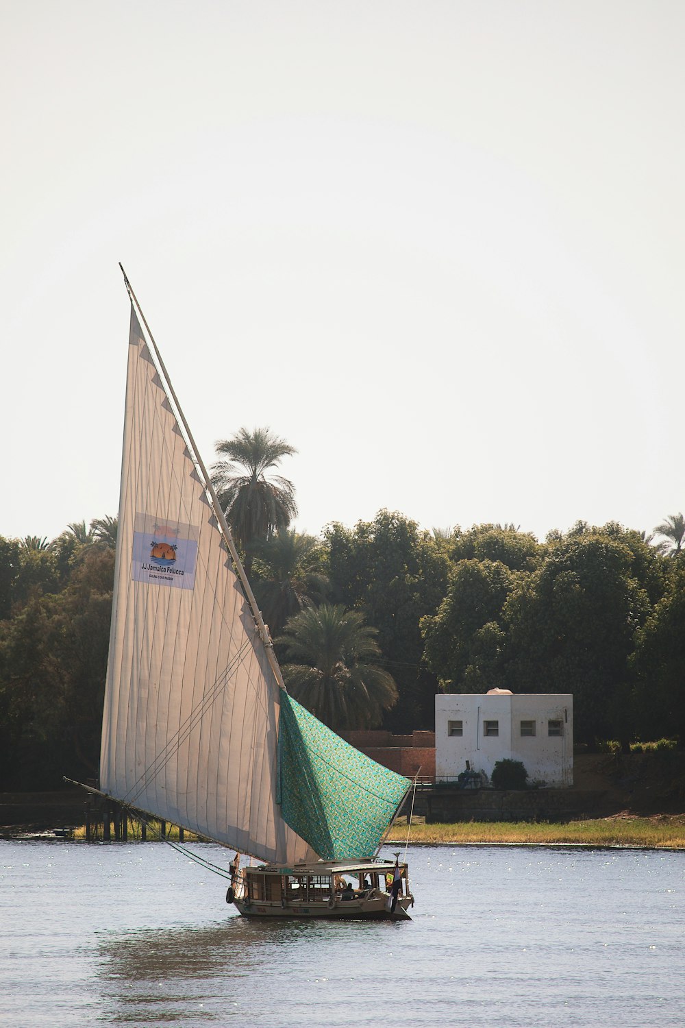 a sailboat with a green sail on the water