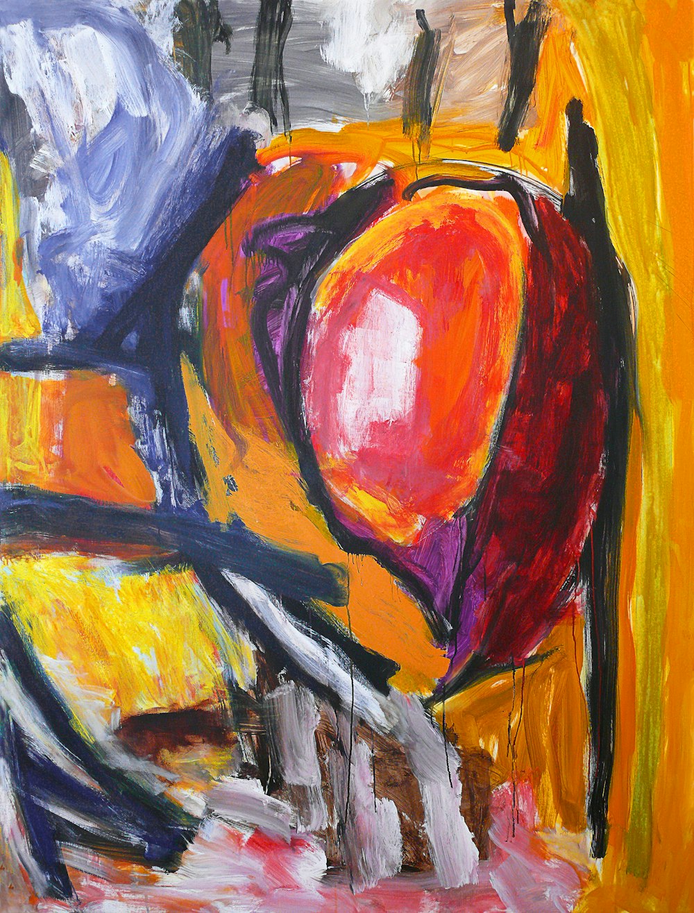 ein Gemälde von einem Apfel und einer Banane auf gelbem Hintergrund