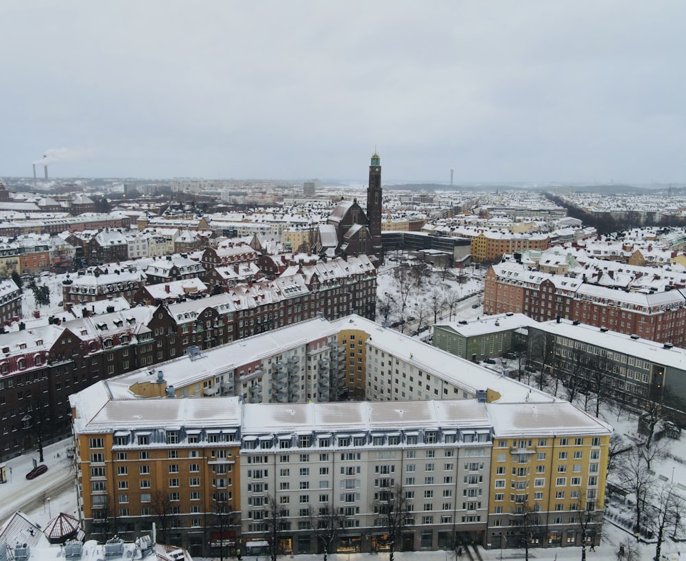 an aerial view of a city in winter