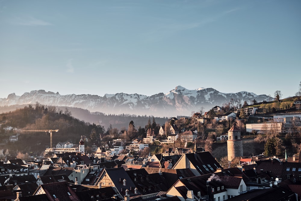 a view of a town with mountains in the background