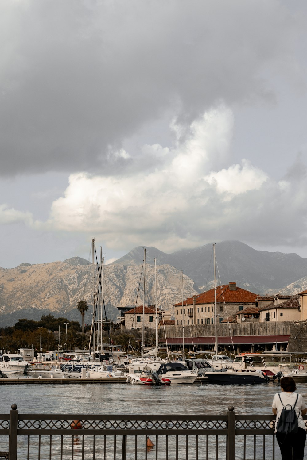 a person standing on a bench looking at boats in the water